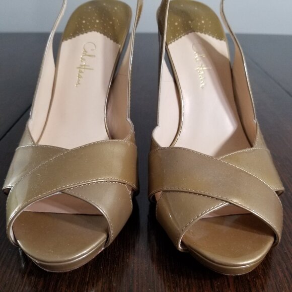 Cole Haan Womens 9B Nike Air Gold Patent Leather Heel Sling Back Open Toe Heels - Picture 2 of 12